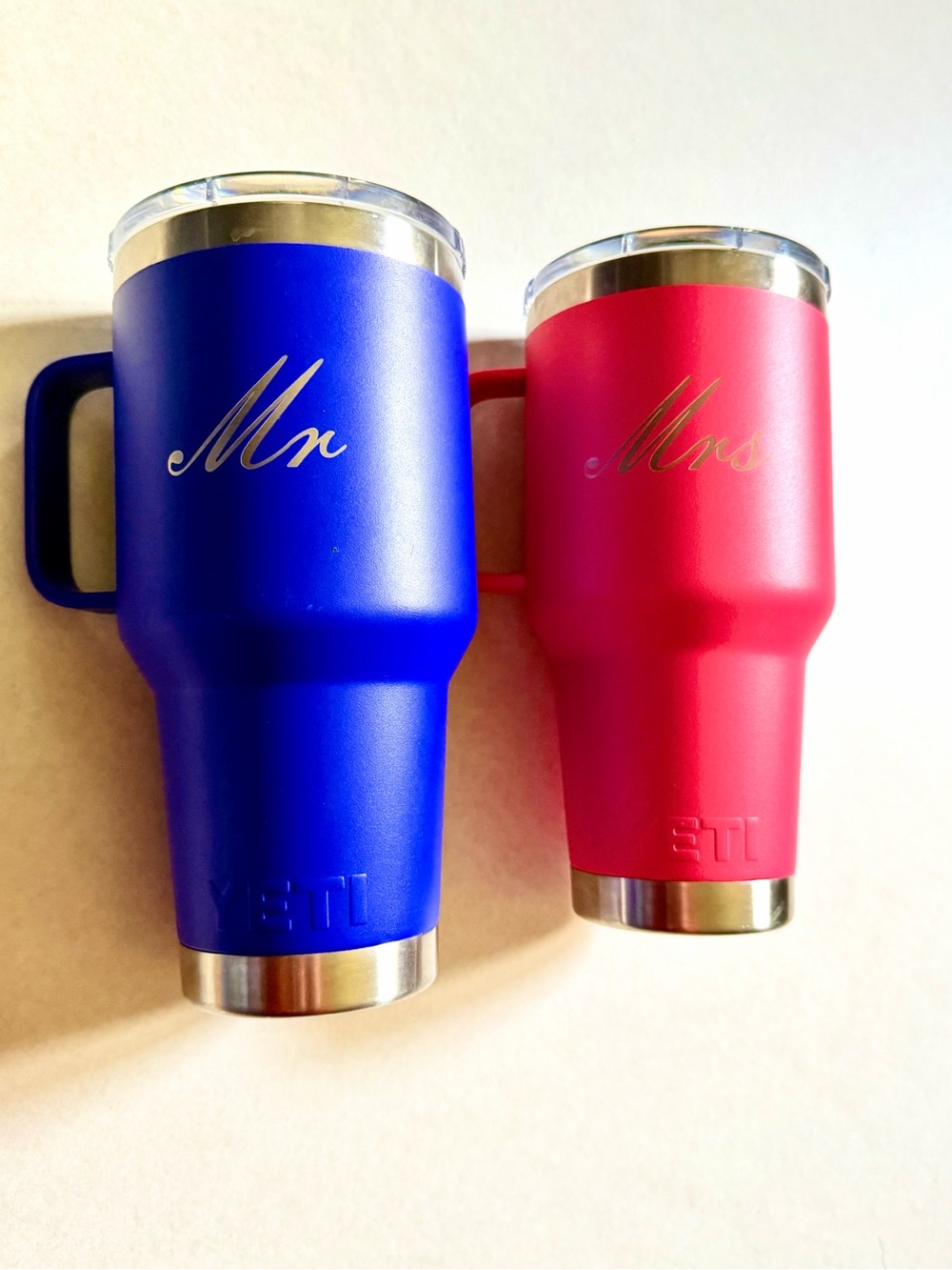 Yeti Custom Engraved Blue Mr & Pink Mrs Insulated 30oz Tumblers with Handles
